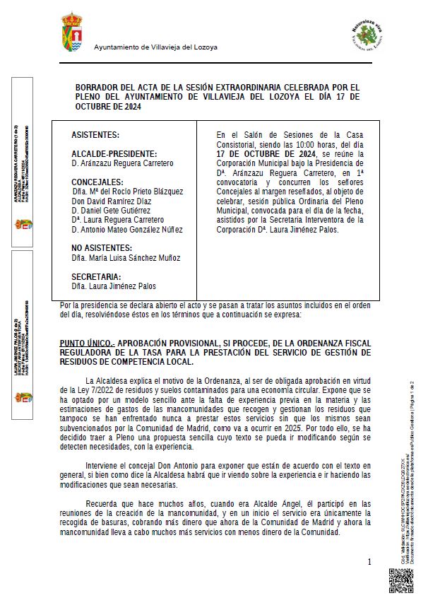 BORRADOR DEL ACTA DE LA SESIÓN EXTRAORDINARIA CELEBRADA POR EL PLENO DEL AYUNTAMIENTO DE VILLAVIEJA DEL LOZOYA EL DÍA 17 DE OCTUBRE DE 2024