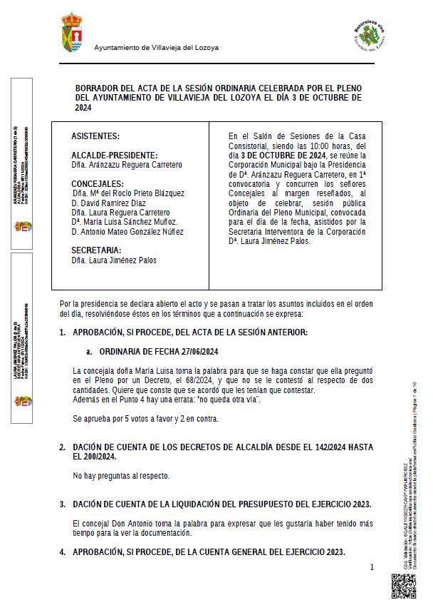 BORRADOR DEL ACTA DE LA SESIÓN ORDINARIA CELEBRADA POR EL PLENO DEL AYUNTAMIENTO DE VILLAVIEJA DEL LOZOYA EL DÍA 3 DE OCTUBRE DE 2024