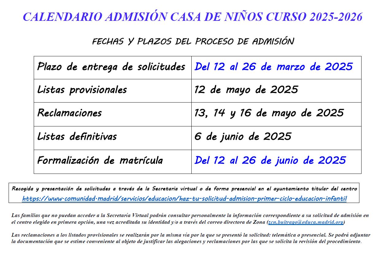 Calendario admision 2025-26