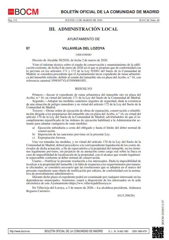 Incoación de expediente de ruina urbanística del inmueble sito en plaza del Acebo, nº 16