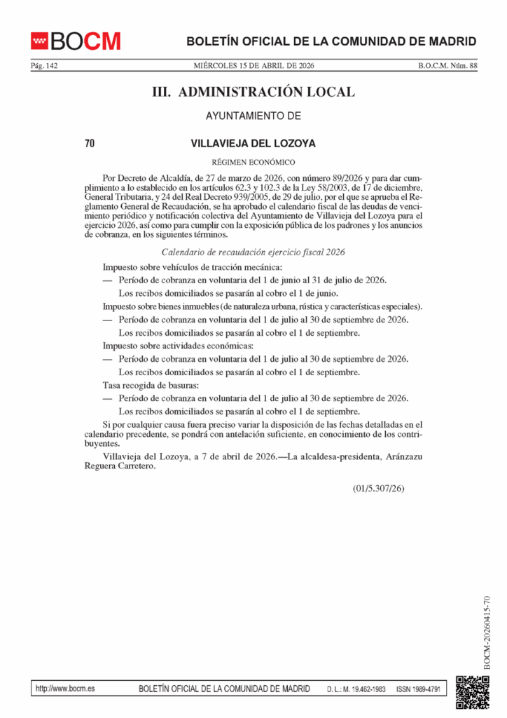 Calendario de recaudación ejercicio fiscal 2026