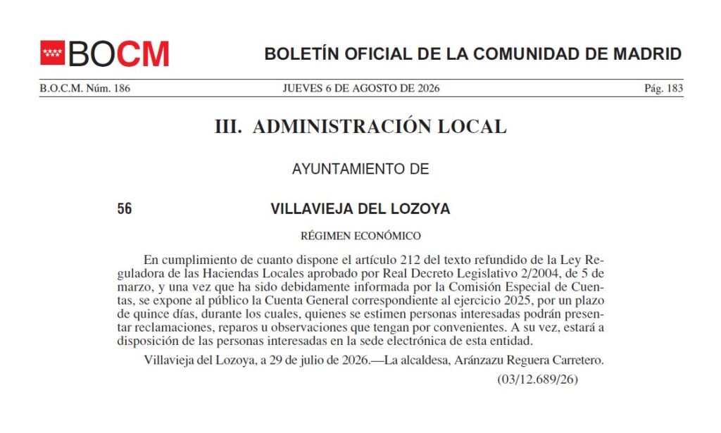 Exposición pública de la Cuenta General correspondiente al ejercicio 2025
