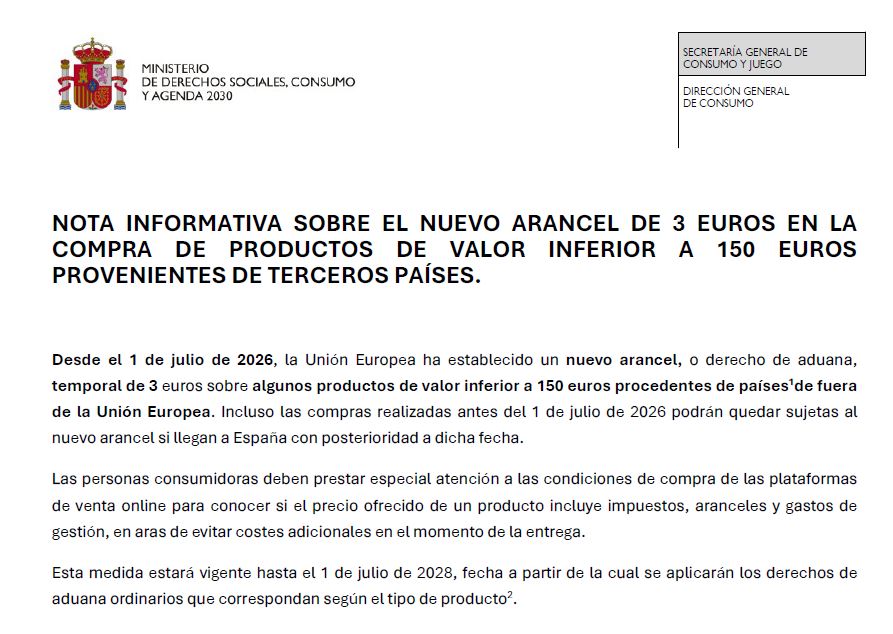 NOTA INFORMATIVA SOBRE EL NUEVO ARANCEL DE 3 EUROS EN LA COMPRA DE PRODUCTOS DE VALOR INFERIOR A 150 EUROS PROVENIENTES DE TERCEROS PAÍSES